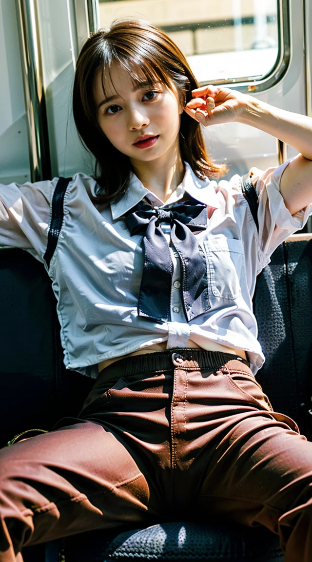 Official Art, Unity 8K wallpaper, Extremely detailed, beautiful and aesthetic, beautiful, masterpiece, best quality,
1 Girl, Solitary, Looking at the audience, short hair, Large Breasts, Brown hair, Brown eyes, White shirt, fashionable, Short sleeve, earrings, Open your mouth, Collared shirt, belt, Hair Bun, , Blue Skirt, scarf, single Hair Bun, completion, Aerial, Aircraft interior, passenger, seat, cabin, Office female staff,
thigh,(Not suitable for working hours:0.85),