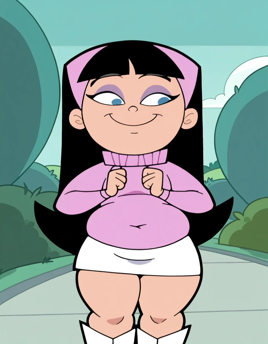 akiko, 1girl, black hair, solo, ponytail, sweater vest, , orange skirt, socks, shirt, short sleeves, shoes, smile,looking at viewer, american dad,dot pupils, panties, sitting on chair, spread legs, skirt lift, upskirt view , cameltoe, smiling,