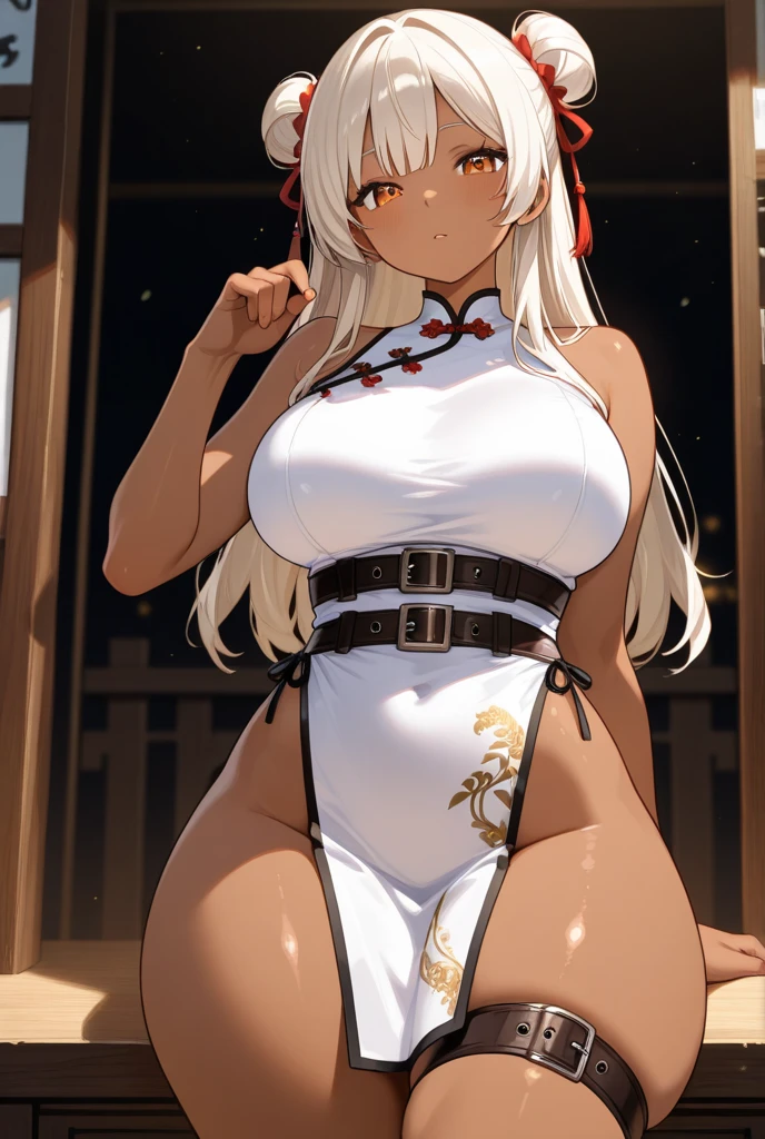 1 girl, game cg, kimono on swimsuit, gigantic breasts, blonde, middle hair, side ponytail, green eyes, Japanese shrine, dynamic, smile, blush,