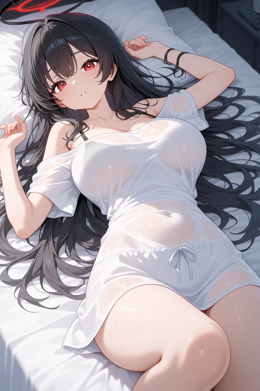 //Character 1girl, newlywed wife , slim and soft, medium large breast, ultra detailed face, innocent, round face, thin eyeblow, sparkly pupils, translucent skin, extra long hair, black hair, curly hair, flowing bangs, BREAK //Fashion Her outfit is simple, but healty erotic attire, it connsists pale pink chemise, tiny shining necklace, black panty , her outfits are all made of natural texture fabric BREAK //LOCATION bedroom BREAK // behavior lie on her back, grinning, seducing a viewer,