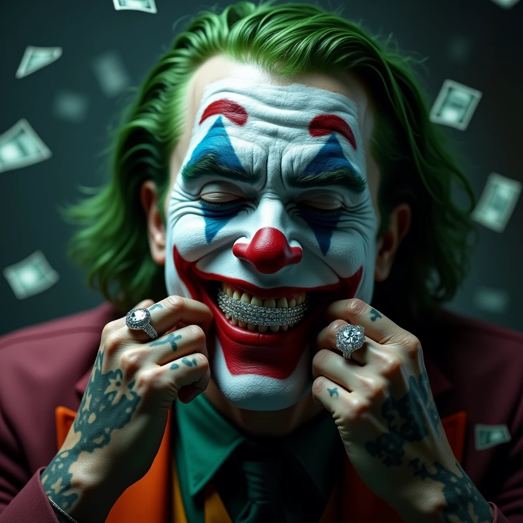 joker trapped inside a bubble and next to it written @crxgov inside the bubble. and in the background of the image a pink and white mist. Outside the bubble, some credit cards and card machines, along with money
