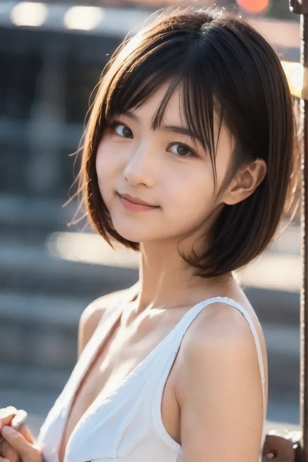 masterpiece High resolution Female student Delicate face Thick eyebrows Sunken eyelids very cute natural atmosphere boyish 16 years old Shortcuts Dimples Mole Tanuki face Tube top Please open your mouth wide Make fun of them