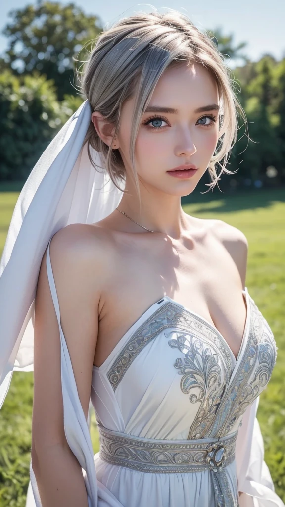 1 girl,high resolution, high qualiy, work of art, mxmkWhite Dress, bare one shoulder, blue colored eyes, white gown, braids