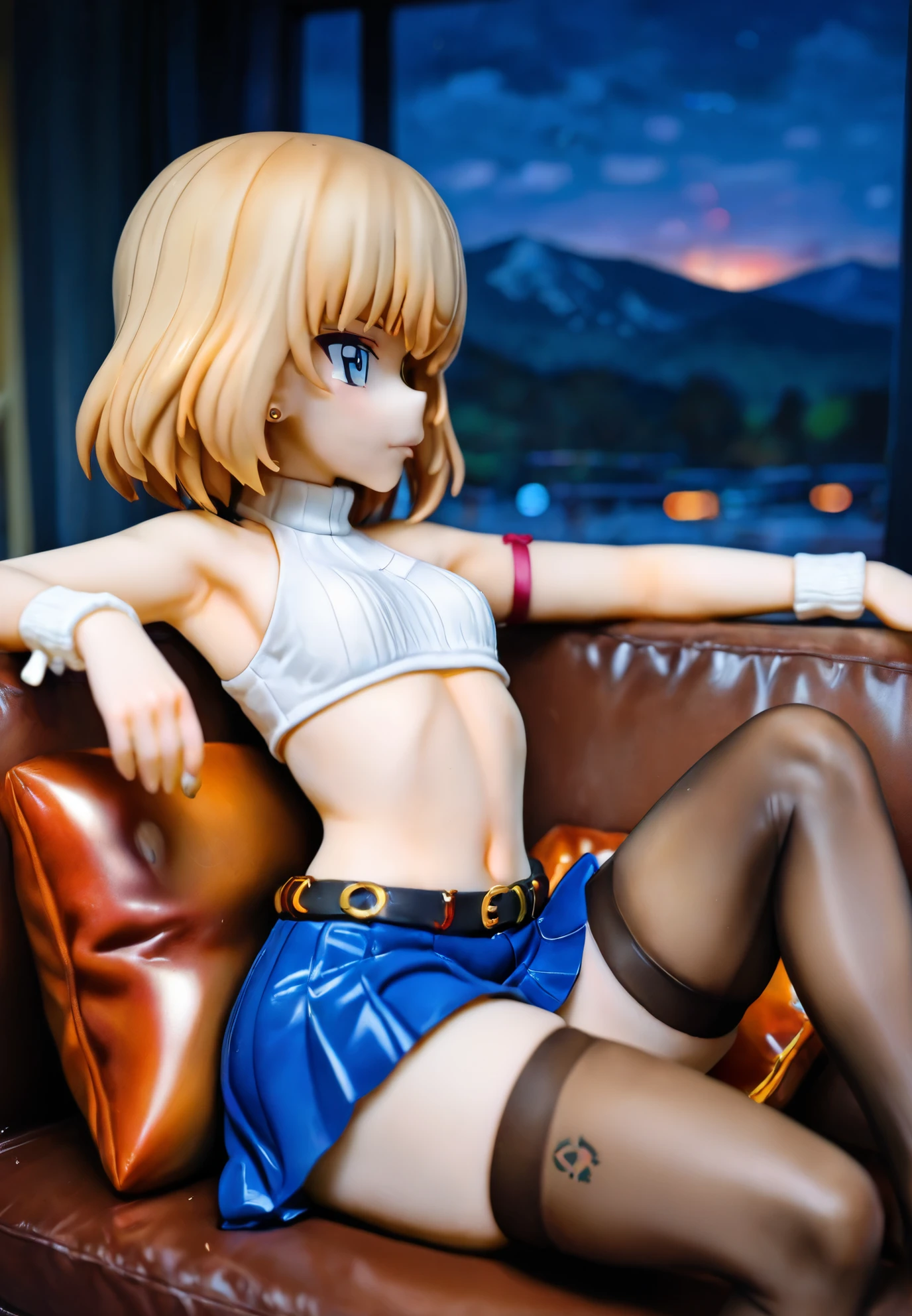 1girl, katyusha \(girls und panzer\), girls und panzer, crop top, piercings, thigh highs, skirt, sitting on a couch,sexy pose, alluring atmosphere, night time, mountain cottage, cinematic lighting, masterpiece,top quality,warm color,high resolution,high fashion,absurdres extremely,vivid colors,intricate details,best quality,amazing quality,very aesthetic,newest,ultra-detailed,nsfw
