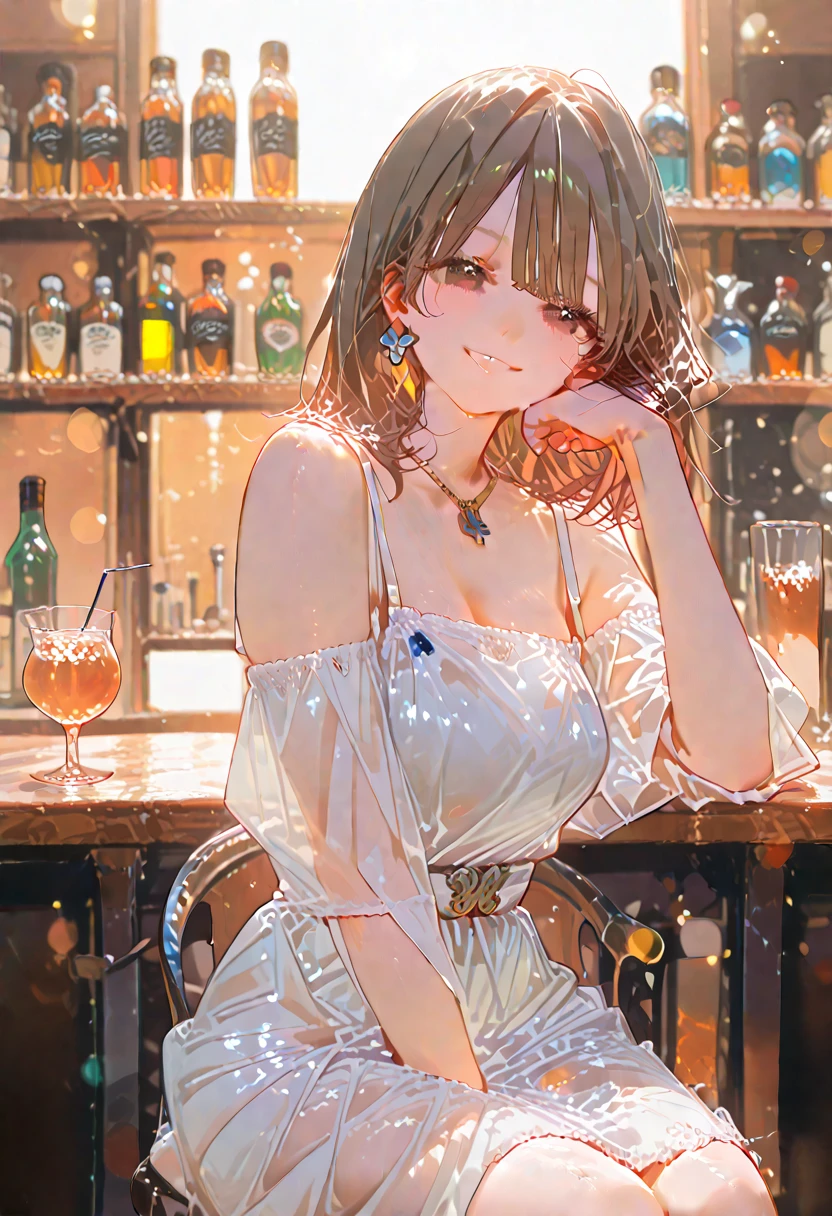 a girl with dark brown hair, short and curly, with freckles, no bangs. dark brown eyes. She is sitting in a bar, small breasts