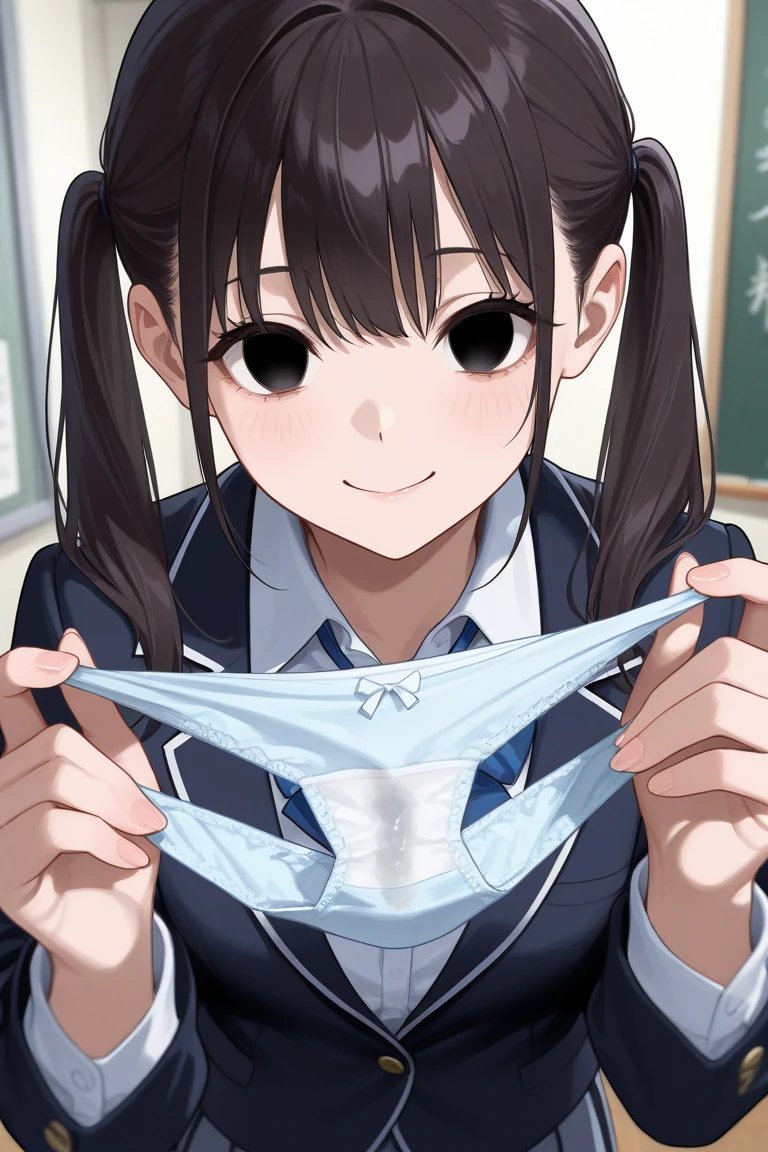 (masterpiece, 4K resolution, surreal, very detailed), girl、、14 years old、near blazer、sit on a chair、classroom、laugh、black hair、side ponytail、brown eyes,holding panties,presenting panties,perfect fingers、tie,white panties