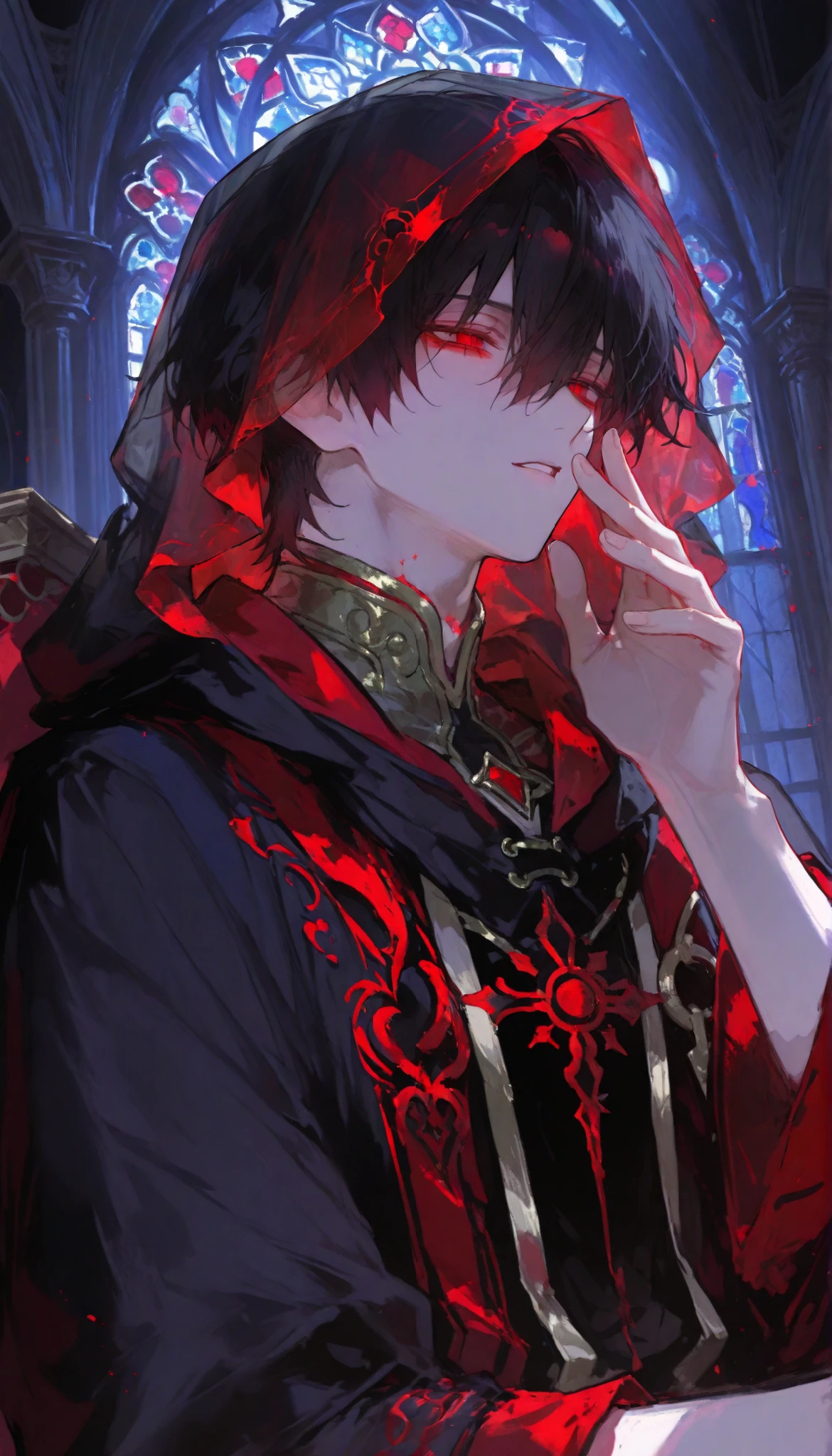 hyper-detailed, ultra-high-definition, dark translucent veil, whispering a forbidden prayer, 1man, solo, alone, short hair, raven-black hair, crimson eyes burn, obsidian-black robe with blood-red embroidery, intricate arcane symbols woven into the fabric, background is a ruined cathedral, stained glass shattered, moonlight filtering through the dust-filled air