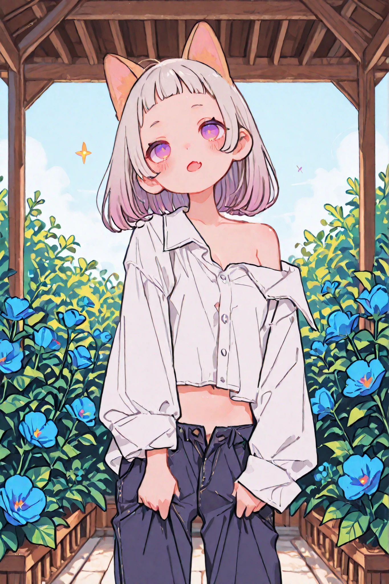 ((Masterpiece)), ((best quality, very aesthetic, absurdres, newest, detailed background, High Definition)), (8K), ((1girl)), (cute young girl), (Healthy Gaunt body, Textured skin, small chest, tilt head), (pale purple eyes, gradient eyes, upturned eyes), (platinum-gold hair), ((very short bangs, beautiful forehead)), gradient hair, blue color Hair Tip, (medium hair), small breast, (open mouth wide, skin fang), very shy, blush, (cute cheeks), glossy lips, pouty lips, bags under the eyes, (lower eyelashes), (tilt head), put on cat ears, BREAK, ((loose buttoned shirt, shirt overhang, collared shirt, bare left shoulder)), slightly exposed small breast, slightly exposed cleavage, ((luxury baggy pants, pulling pants, pull by self, slightly exposed lower abdomen)), (loose standing, legs apart, inside the gazebo), Beautiful blue roses garden,