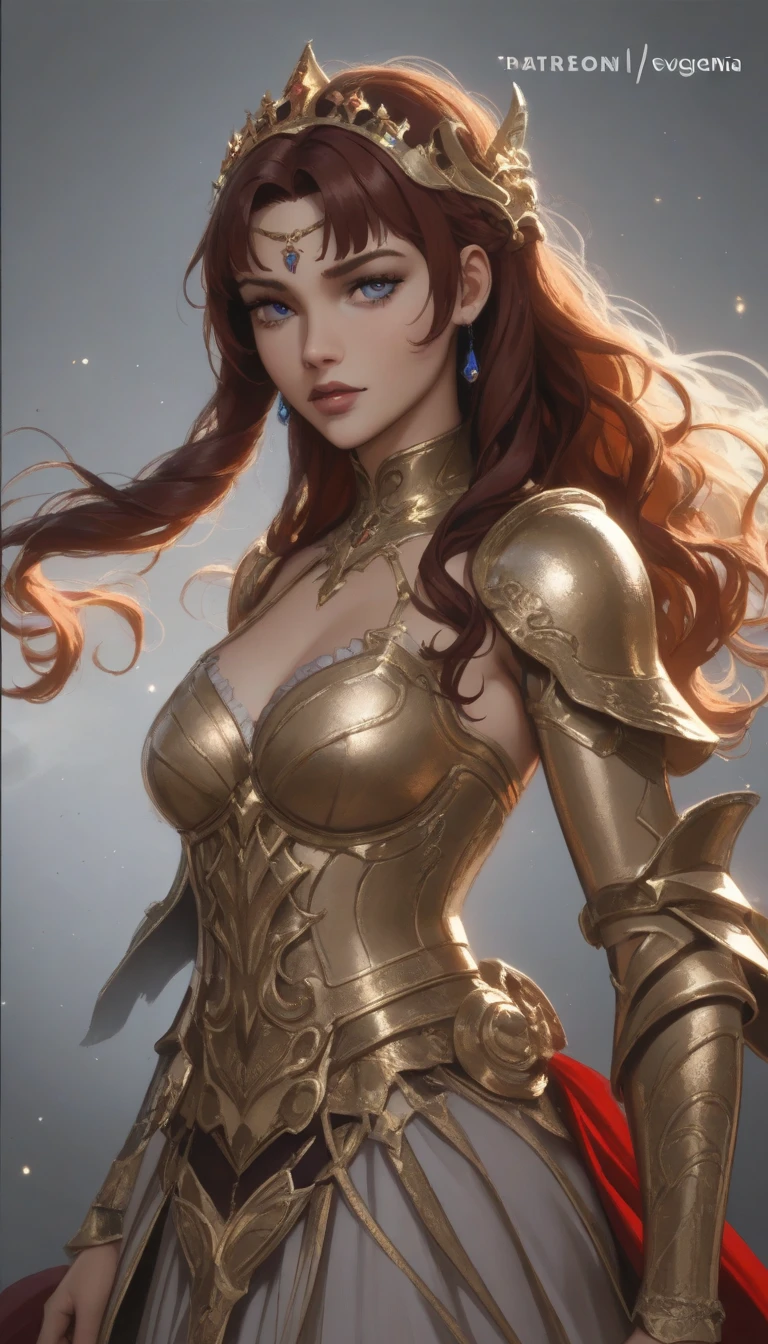 award winning hd fantasy art style of tall (1girl:1.2) in gold and red shiny ornate armor standing tall, epic, god rays, centered, (masterpiece:1.2), (best quality:1.2), Amazing, highly detailed, beautiful, finely detailed, warm soft color grading, Depth of field, extremely detailed 8k, fine art, stunning, iridescent, shiny, (light reflections:1.2), (crisp:1.5), curls, wind, vibrant, sunlit, edge detection