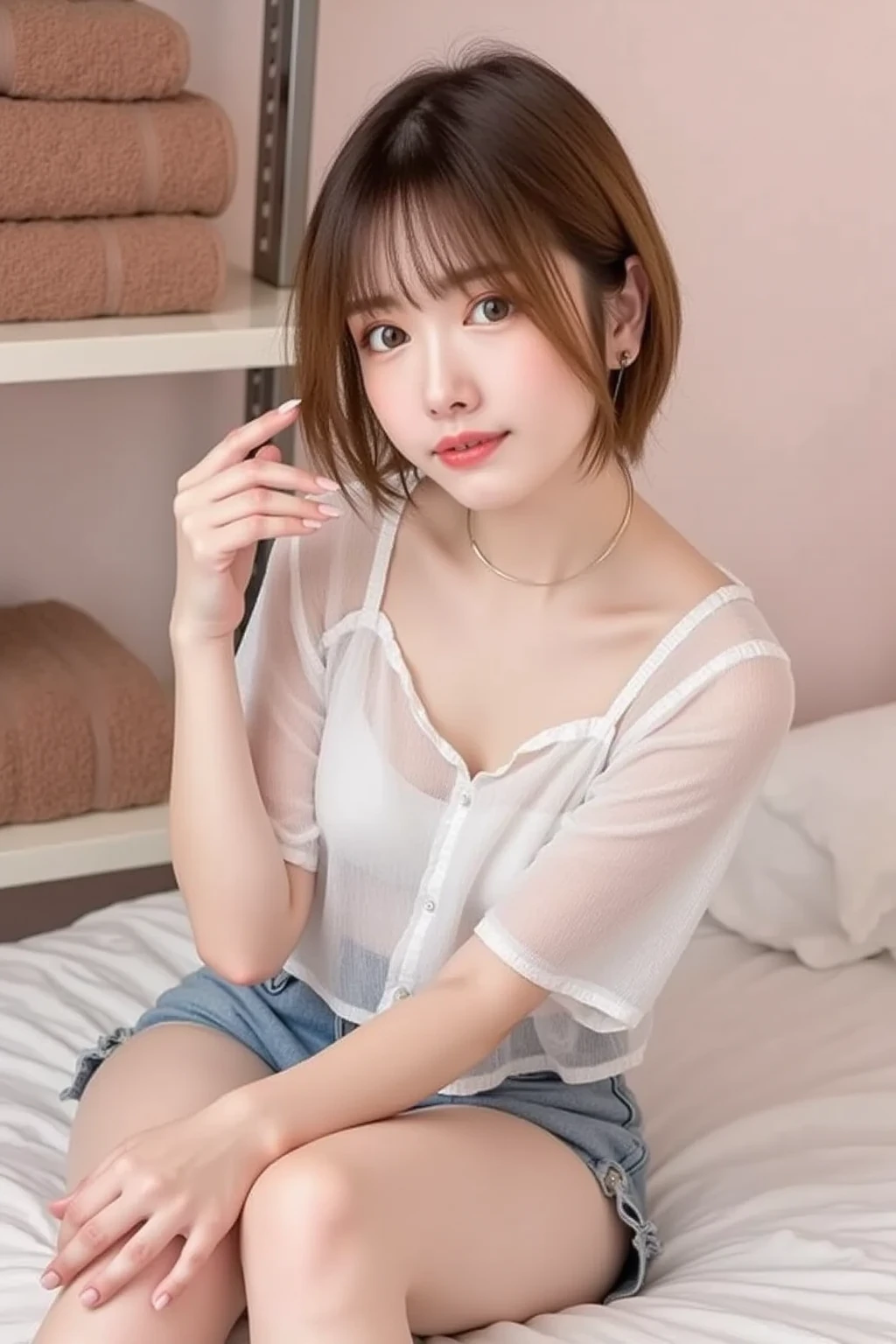 (masterpiece, best quality, 8K, close up to small breasts focus, sleep molestation:1.4), (8yo kawaii petit little loli:1.3) (relaxing on the couch, spreading legs and lifting knees up:1.3), (wet white camisole, showing tiny cleavage, no bra, bottomless, showing super micro thong:1.3), white glowing skin, (tempting, heart shaped pupils of anime style big eyes, embarrassed with blush:1.2), (cute childish body, dark brown medium hair:1.3), squirting love juice from pussy, cozy room interior, room lighting, centered composition