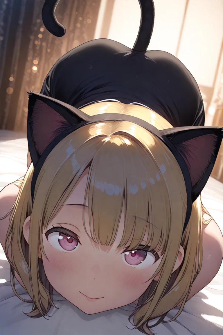 score_9, score_8_up, score_7_up, score_6_up, score_5_up, score_4_up, source_anime, BREAK OyamaMahiro, 1girl, solo, 1girl, solo, female, text, hair, breasts, clothed, blush, open mouth, looking at viewer, black cat top, smile, , erect nipples under clothes, black stockings, foot fetish, lie down, foots at viewer, foots, sole of the feets, ass up, view from behind, hanging breast