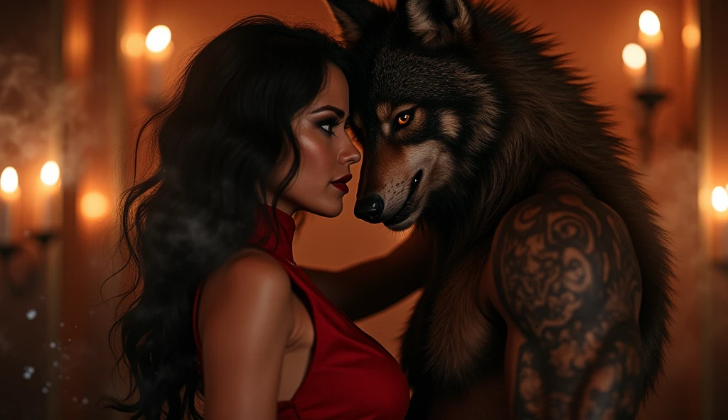 Wolf dressed as a gangster with dark aviator glasses sodomizing a beautiful naked Latina woman