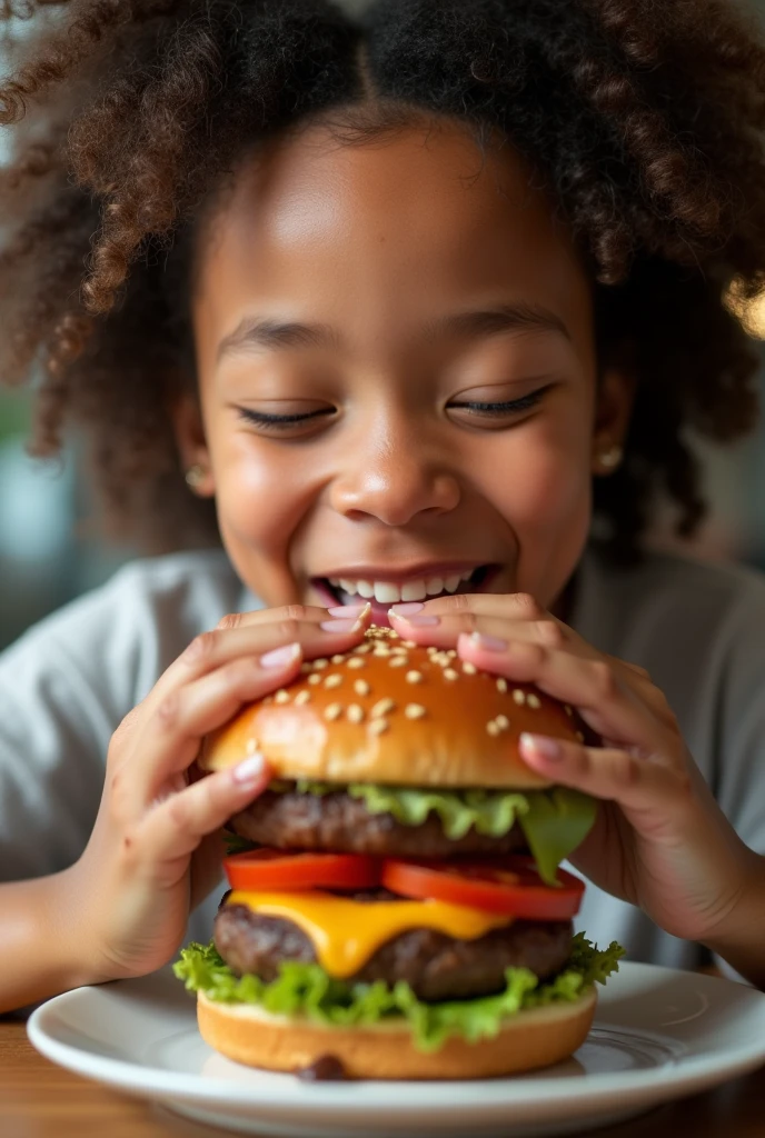 A small black chef holding out a hamburger