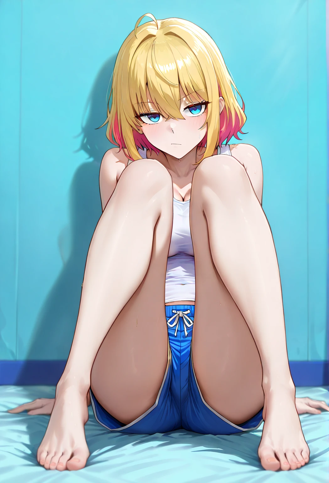 ((young girl ,short stature,gyaru)) ,flat chest, nsfw,heavyset,,glad, delightful, smiling,bangs pinned back, side ponytail ,Dot pattern swimsuit.erectile nipples, cameltoe,stand,from abovi