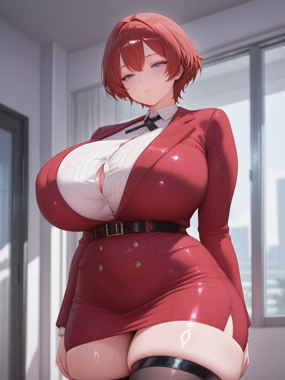 Masterpiece, high resolution, Code Geass, Kallen Stadfeldt 1girl, (((bimbo))), short red hair, blue eyes, puffy lips, painted lips, thick lips, wide hips, thick thighs, huge breasts, huge ass, revealing cleavage, erotic, erotic kiss face, bubble butt, camel toe, Breasts, red suit, revealing cleavage,