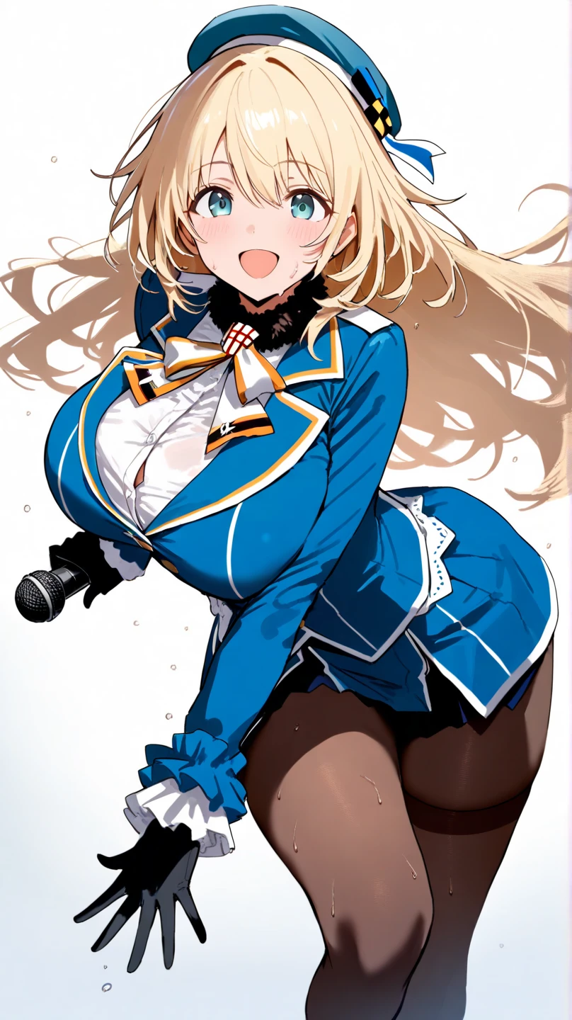 (masterpiece, best quality:1.2), 1girl, solo, blond hair, blue hairband, blue hair ribbon on the left, white-blue breast, black gloves, knight skirt, gray background