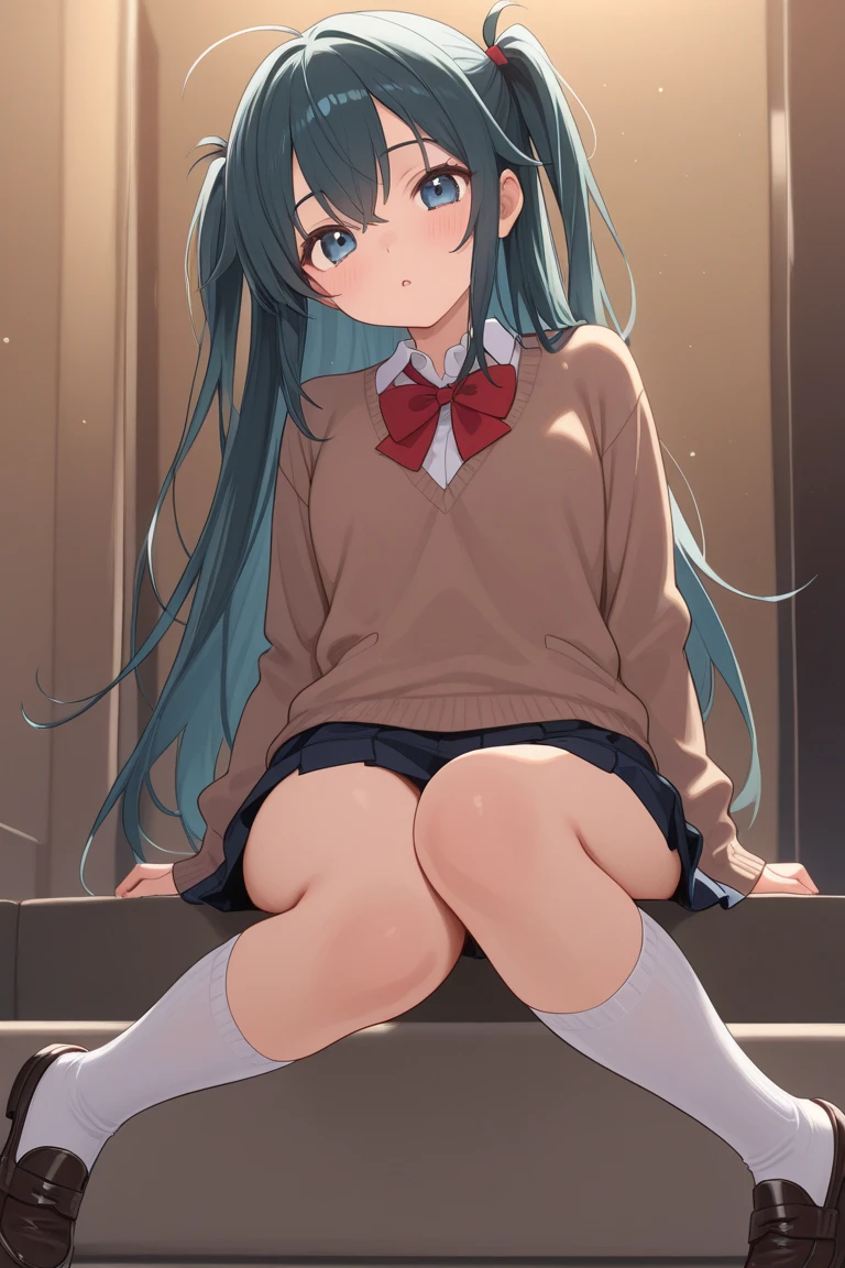 highest quality,masterpiece,8k,1girl,medium breasts,orgasm,blush, sweat,mini skirt,lift skirt,upskirt,white panties,Mizuki Yukikaze,hair ribbon, green shirt, serafuku, white neckerchief, long sleeves, pleated skirt, black skirt, black thighhighs, loafers,((squatting,open legs:1.3))