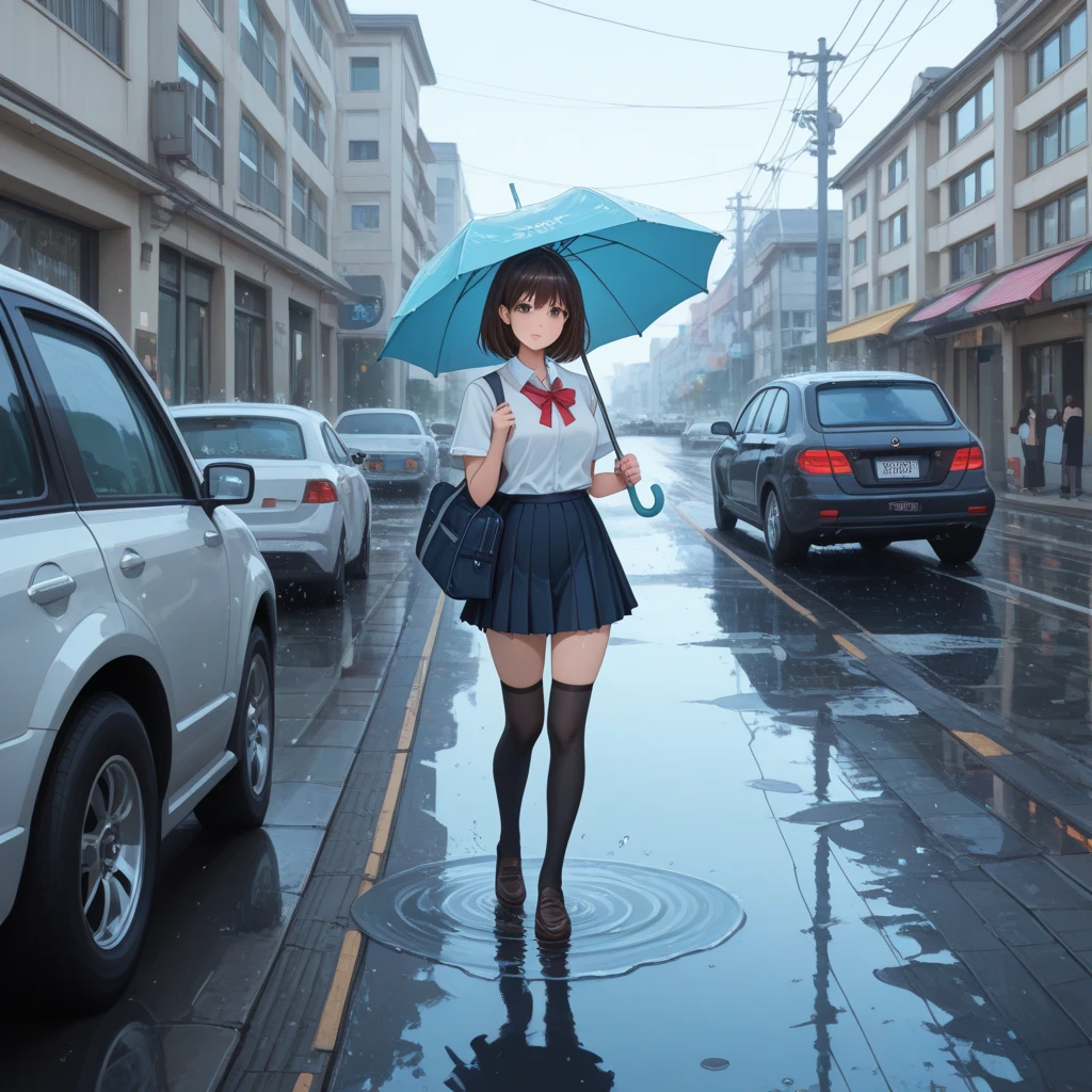 1girl,tank top, hot pants, boots, transparent kappa, transparent vinyl umbrella, rain, smile, Tokyo, inner color, short hair, puddle, masterpiece, best quality, ultra high detailed illustration, finally detailed 2.5d face,