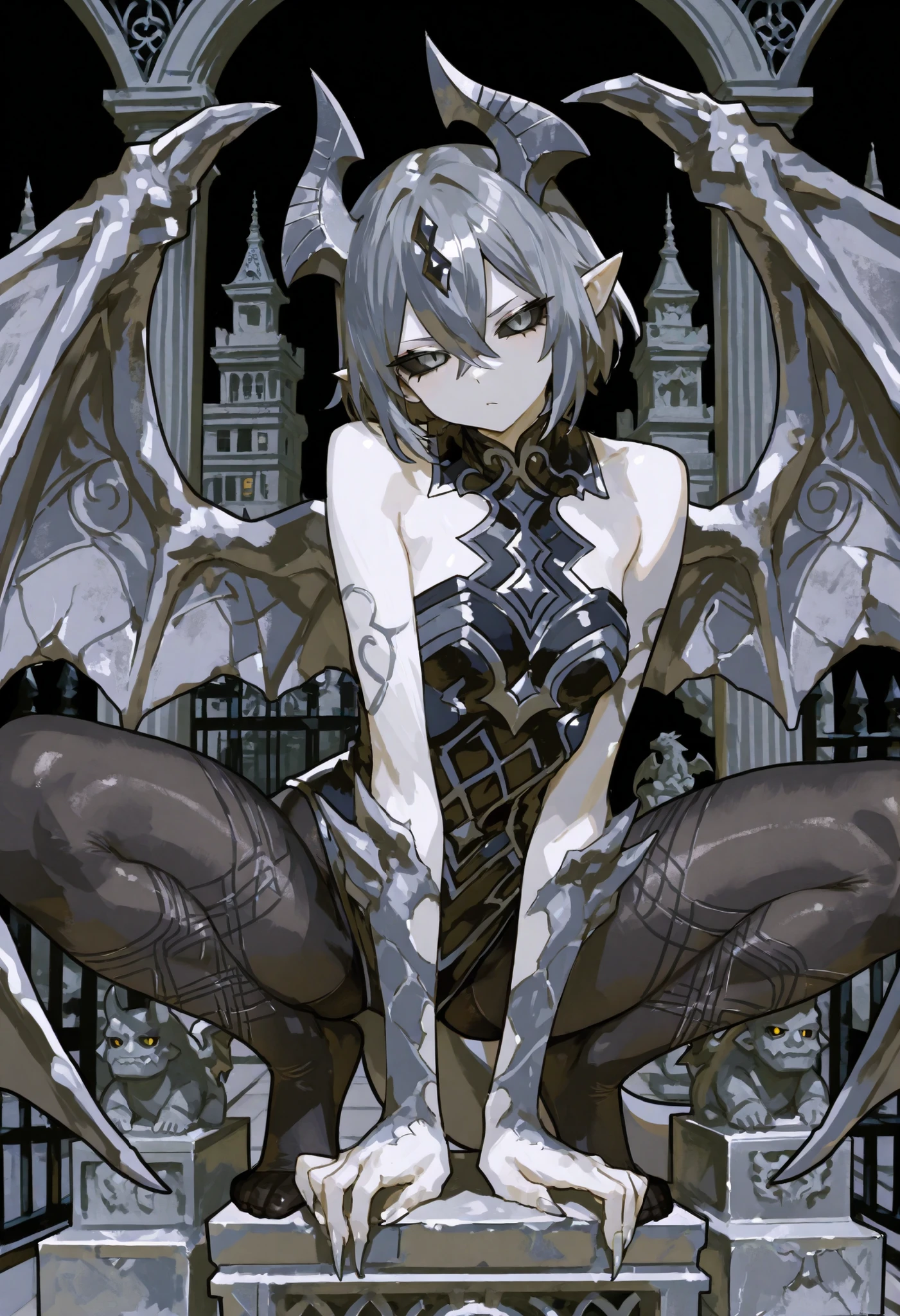 Gargoyle Girl。enemy monster。Stone Design。black sclera。city gate。sculpture statue。Grey Rock Face。inner tights。stone pattern texture。crouching pose。Stone wings。Stone Statue's Body。black, pointed fingertips