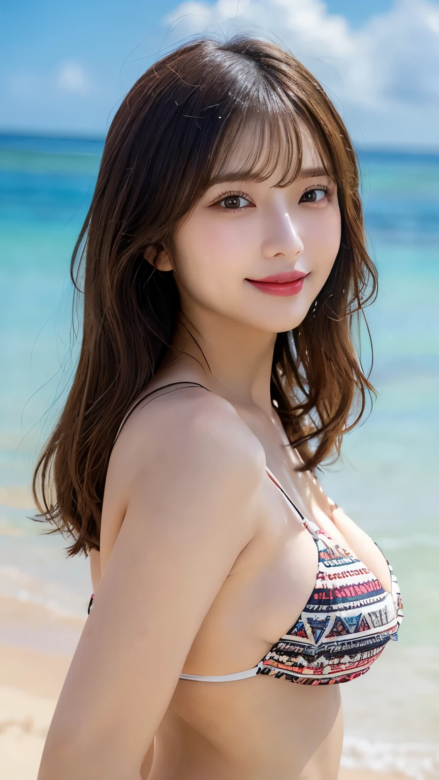 create the most attractive, cute, AI gravure sexy female character. she is bright, Confident、Has a charm that attracts people. Also, her style is sophisticated, with a sense of courtesy and elegance. Add her signature elements and personality、Create more vivid characters, bikini, 15 years old, with red eyes