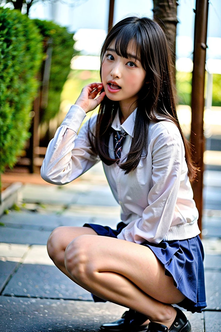 girl、High school girl naked from the waist down、High school girl uniform on the upper body, Squat、sit、Dear Viewers,、(17 years old、Baby Face、Urinating:1.2、Pee)、(Shy expression:1.2、blush:0.8)、((Exposed female genitalia))、alley, (Beautiful breasts, Small beautiful butt, (Detailed eyes and face:1.3, Professional photography techniques), (Highest quality, 8K, masterpiece:1.2, RAW Photos), (Detailed legs, Thin thighs), (Detailed feet, loafers), (Detailed hands, Beautiful little hands of a girl:1.3)