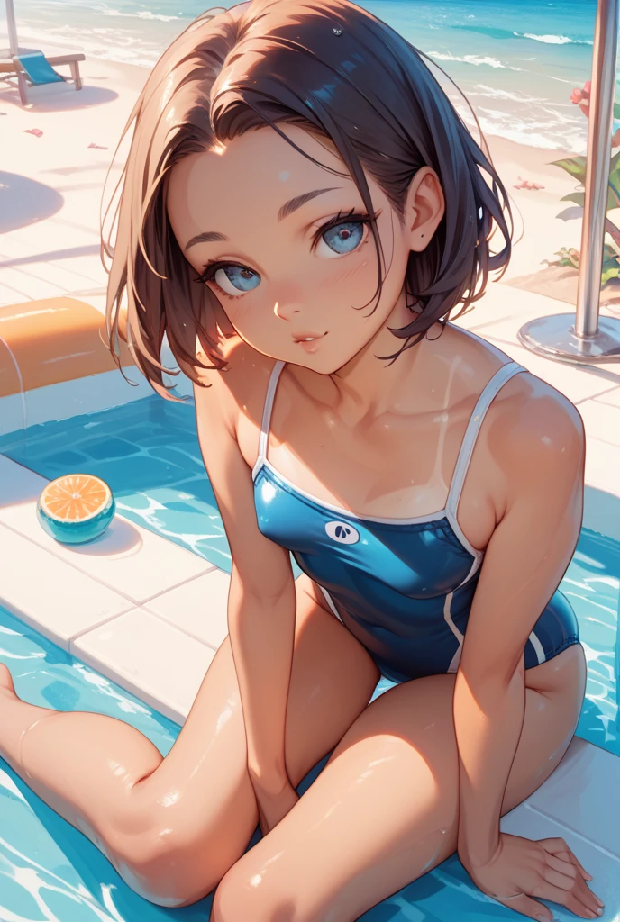 8K quality,(super masterpiece:1.3),Highest quality,Detailed Images,1 female,symmetrical beauty,android 18,10th Generation,Medium build,(smile,smile),(Blonde),(Thick eyebrows,Thick eyebrows),(Droopy eyes,Green Eyes,Green Eyes,Bright Eyes),(Large Breasts,F cupの胸),Tan Skin,(School Swimsuit),(Draw the whole body,Leg spread,Sit with your knees bent,Leg spreadする,Sitting on the ground),(background:Deep Underwater,Full body in deep water,Fantastic underwater),(Face directly towards the camera,Looking directly at the viewer,looking at the camera,The body faces the viewer,The body is facing the direction of the camera,Face looking straight into the camera).