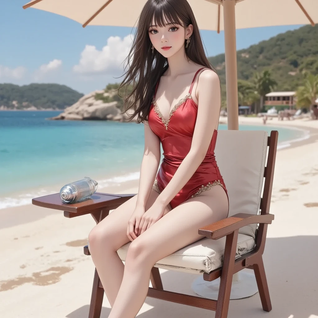 Red bikini swimsuit, sexy body, delicate eyes, full and natural breasts, shiny skin, 4K HD, eyes flashing, crisp breasts jade rabbit, two cheeks flying red, beautiful mink cicada. Beautiful feet on high heels, naturally beautiful, beautiful as a flower, born with a pair of charming, sultry.