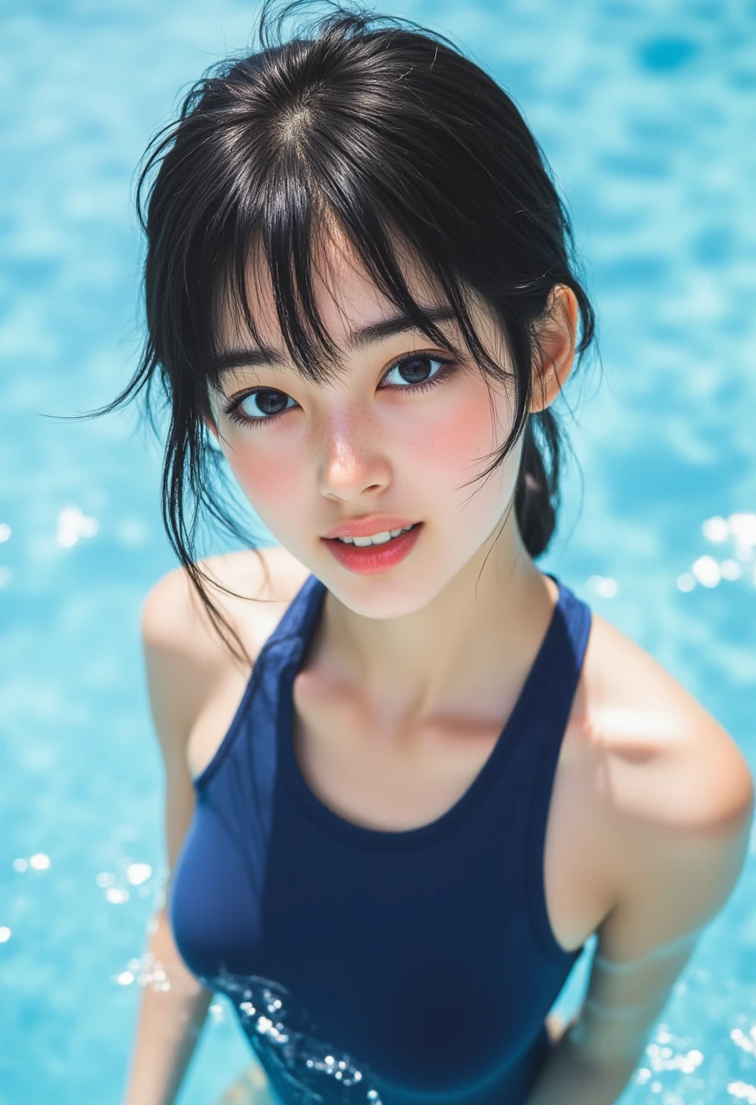 ((SFW:1.6)),(masterpiece, Highest quality:1.2), 8k, absurdes, (Upper Body:1.2), violet, Gardenia, beautiful girl, (Pretty face, Detailed face:1.2), Small breasts、 View your audience, Film Grain, chromatic aberration, Sharp focus, High resolution, Face Light,Small breasts、NUD、11 years old,japanese idol girl,competitionswimsuit,(((Dark blue competitive swimsuit))),((smallface:1.3)),