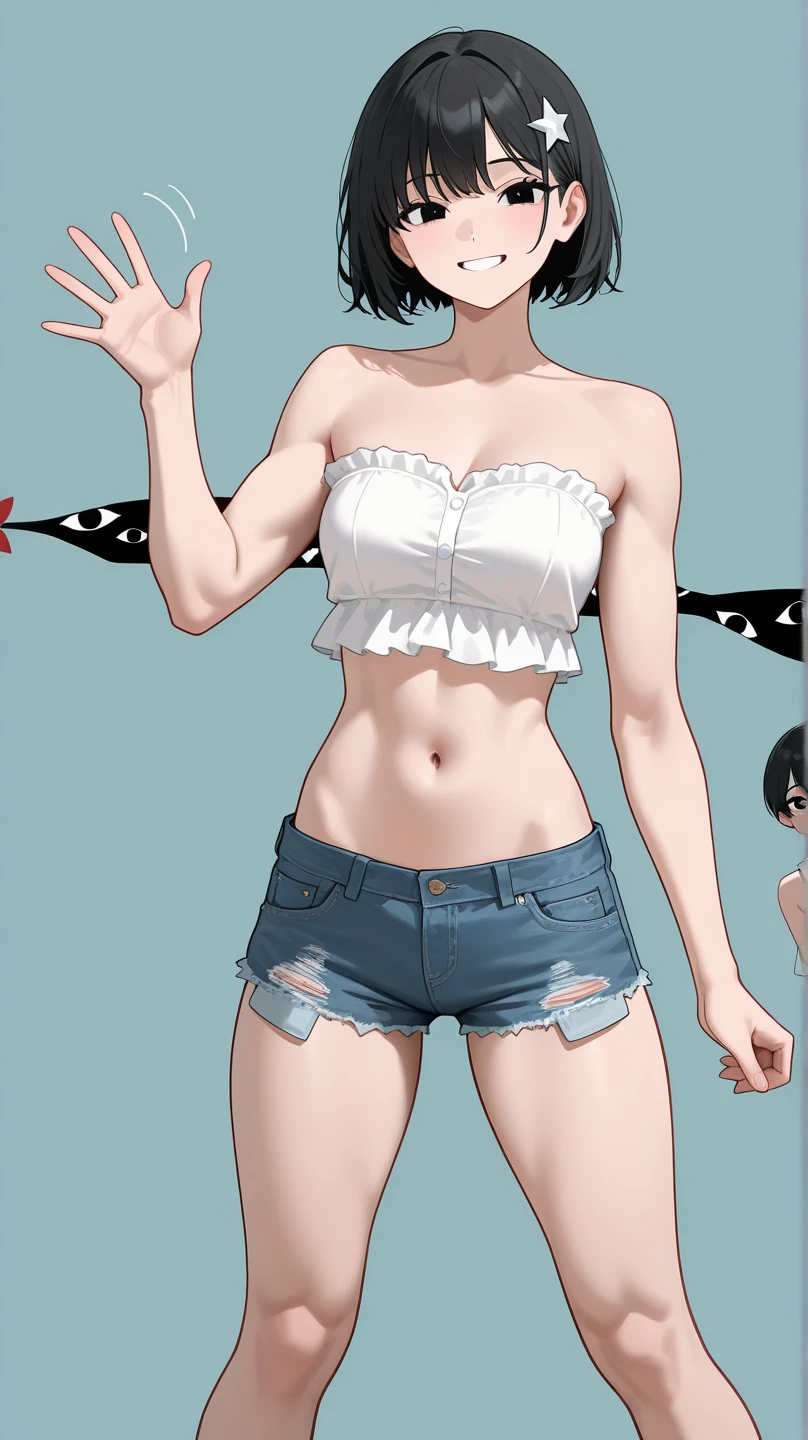 1 girl, red eyes, very Short hair, black choker, lipstick , smile, black hair, tomboy Pixie haircut, shorts, long socks, cowboy shot, white bandeau, belly, medium breast, extreme micro shorts, stockings, cowboy shot