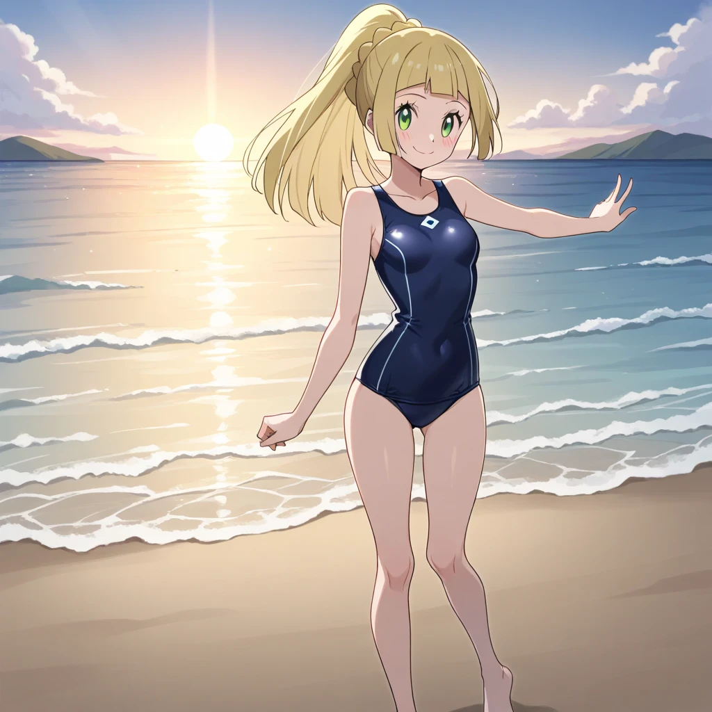 masterpiece, best quality, ultra-detailed, (perfect face, detailed face), 1girl, solo, futabalily, long hair, two side up, dark skin, hair ribbon, flat chest, smile, white school swimsuit, cowboy shot