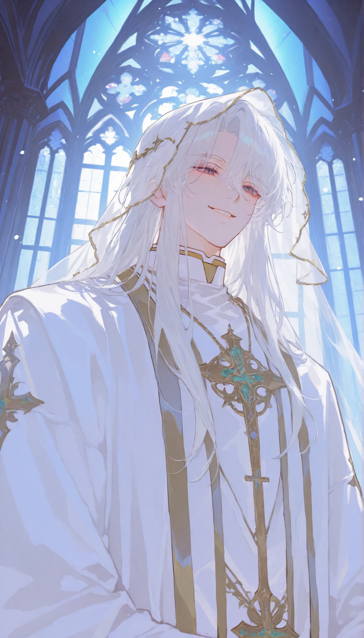 hyper-detailed, ultra-high-definition, translucent veil, smile, 1man, solo, alone, handsome, long hair, white hair, goldeyes burn, white robe, background is a ruined cathedral, stained glass shattered, moonlight filtering through the dust-filled air, semi-realism manhwa, (priest)