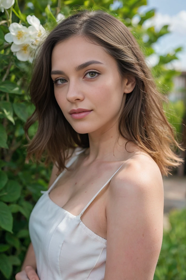 D40-24-35 firmed body , natural young breast-D40 drop-shape, nice big areola shadow, breasts clear shape , height-175cm weight-58kg,

Long Hazel Gold light-brown Hair, rich Quality, 1girl, Solo,

bright round wide big eye x1.08, detailed eye, high quality moist eye, large clear pupil , Light-turquoise-blue-gold high definition eyes, big-light-glowing-eye,

Body arouse blush tighten, face blush, anglic glow skin, high Dopamine hypersexuality,

Wet soak moist-dress-organza see through fabric - white pure bright - transparent Light pajamas, young 18 year old, no face wrinkle , natural balanced tight v-face , ulthera sharp shape face, thin asean lip, happy-shy-smile, 

Farm house scene, wide perspective, Green-wet-leaves, angel glow fairy atmosphere, late afternoon sun light 45 degree, dry windy,

bokeh swirl background, look at camera, front face focused, Looking stare to viewer, half body down to hip image,