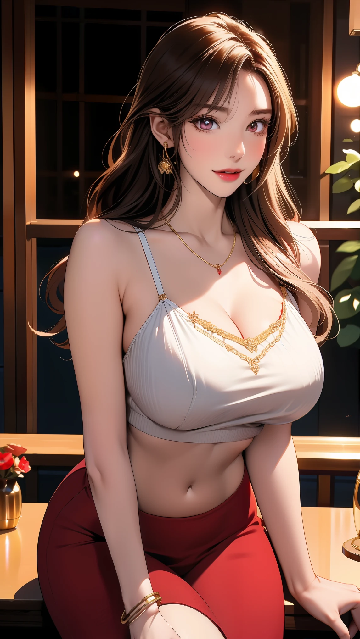 (masterpiece), best quality, expressive eyes, perfect face, beautiful teenage girl, rosy cheeks, shiny lipstick, clean bright white skin shining, perfect round breasts, gigantic breasts, firm breasts, prominent nipples, beautiful white girl, rosy cheeks, makeup, big eyes, sharp nose, glossy red lips, huge round breasts, pure white bright shining skin, huge breasts, raised both hands, smooth white armpits, pleated short skirt, navel,
