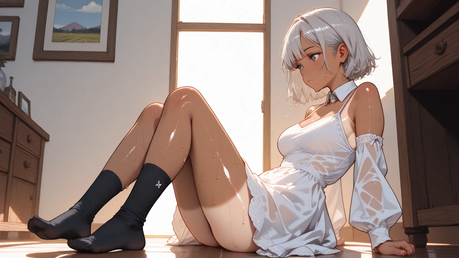 1girl,legs,breasts,masterpiece,best quality,very aesthetic, absurdres,pale hair,pale  eyes,light  blue eyes,Detailed eyes,(buruma:1.3),(simple),wet shirt