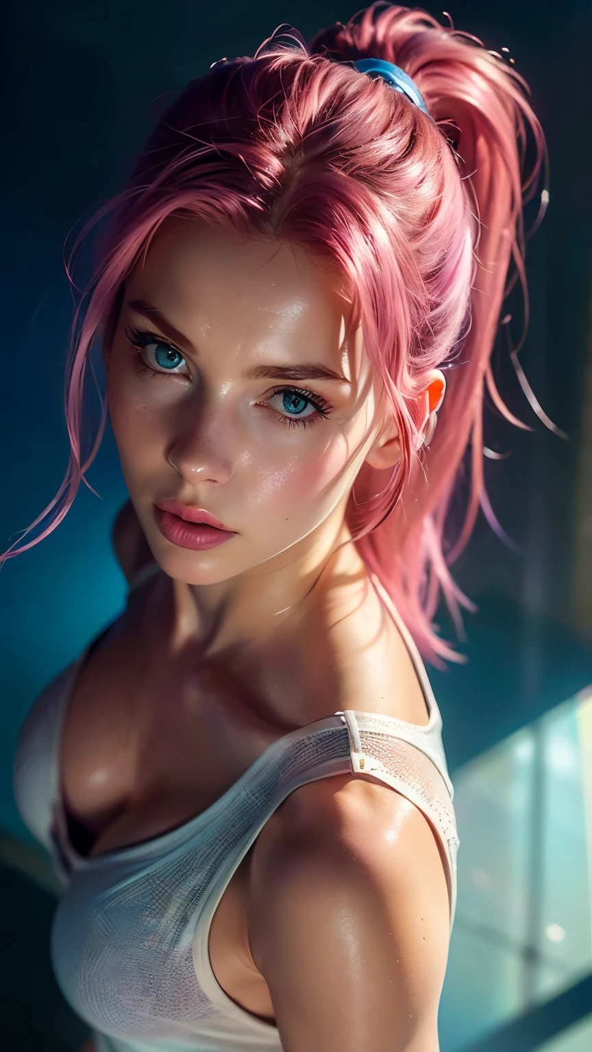 RAW, 1girl, dark room, gamer girl, photo from front above, dark hoodie, blonde, large white gamer headphones, large breasts, skintight white top:1.2, cleavage, pink bra:1.2, top does not fully cover the pink bra, bra visible a bit, (masterpiece, best quality), (detailed skin:1.3, detailed face:1.3), dslr, realistic, looking at viewer, sharp focus, delicate, soft colors, cinematic lighting,