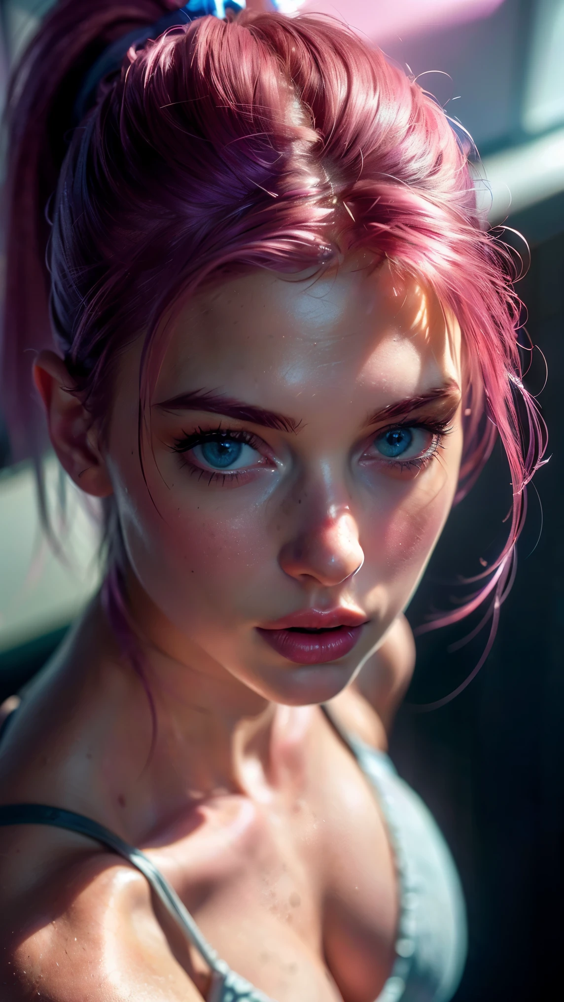 (((ultra realistic))) Photo, masterpiece, top quality, (pale skin), (Ultra detailed face and eyes:1.3), 1 girl, Adult, in a dress, ((Eye makeup, pink mascara)), ((large detailed lips)), ((Pink волнистые волосы)), ((Stylish hairstyle)) , (Natural breasts), (Slim waist). ((Posing)), photoshoot, (Soft) Lighting, (The play of light and shadows), depth of field, bokeh, (special attention to skin detail: 1.2), Detailed leather texture, skin pores. (Erotic atmosphere of the frame. Color range - purple, Pink, White tones), UDR, ((Film grain)), ((rays)), (Glare), ((waist up portrait)) , ultra detialed, 