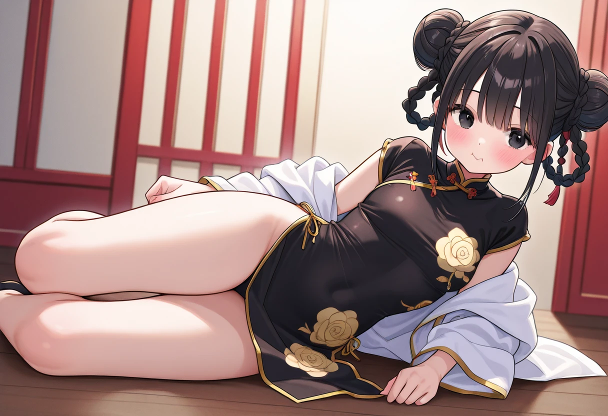 (highest quality, High resolution, perfect pixel, Depth of the bounds written, 4k, beautiful anime girl),
looking at the viewer,
perfect body,
sntm, 1girl, alternate hairstyle, double bun, large breasts, short hair,
(blush),
(red china dress),
in bedroom,
legs up, lying on bed,