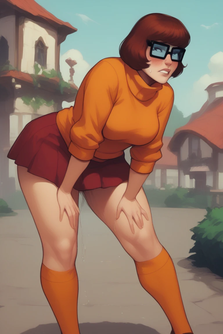(Velma:1.0), (orange sweater, red skirt, upskirt:1.2), glasses, (anime : realistic : 0.6), (masterpiece:1.2), (best quality:1.2), (extremely detailed:1.2), (photorealistic, hyper realistic:1), (extremely detailed face), (ultra detailed), pussy, (standing, half-shot, dynamic psoe:1.0), delicate eyes and face, (cameltoe:1), shiny skin, slim and petite body, (smile:1.0), (open mouth:0.7),
nude, perky tits, erotic, sexy, <lora:VelmaV2:1>,
outdoors, woods, sunshine, beautiful detailed background