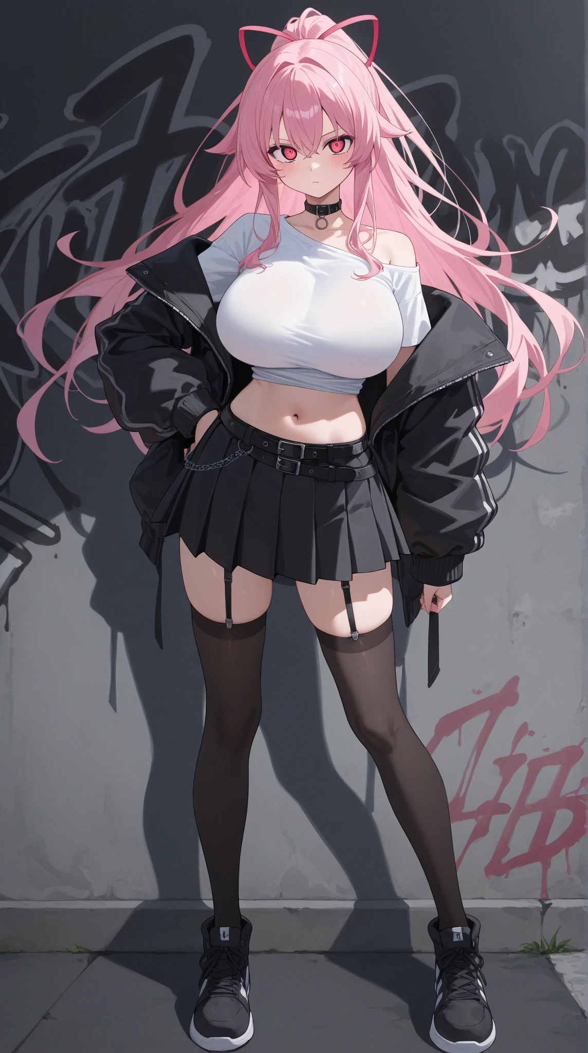 White sweatshirt,The shirt,black short skirt,Dark black stockings,gentleness,urban backdrop,natta,Long straight pink hair,Lift up your skirt yourself, White under underwear, Cute white panties,spread, Lingerie Camelto