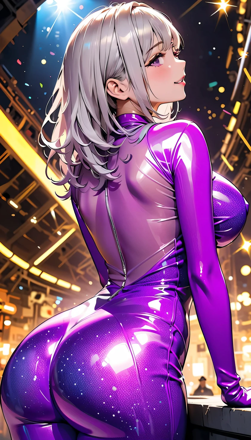 1 mature woman,(Highest quality,Extremely detailed depiction,Incredibly absurd high resolution,Anatomically accurate depiction,Perfect body,Two curvaceous legs),(Glowing Skin,Shiny skin,Oilskin),(A metallic, shiny bodycon dress,black tights),(Luxurious accessories,necklace,Earrings,bracelet),eyelash,(Luminous purple eyes,Detailed pupil,Crazy Eyes,There is cleavage in the chest,Bewitching Smile,Glossy lipstick,blush,forward leaning posture,Put your hand on your cheek),Sweat,(whole body),background:Night bar,Purple air