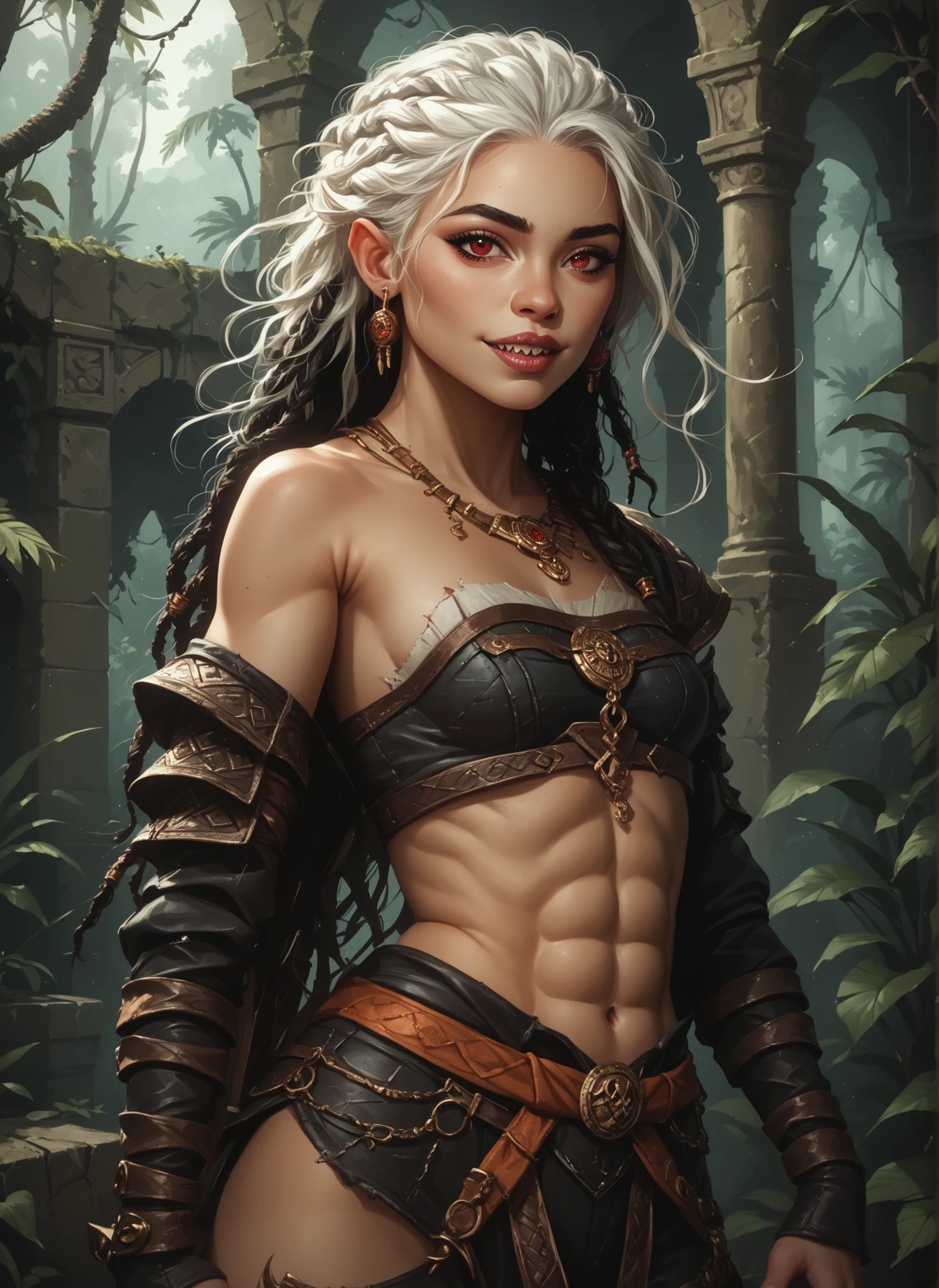 Slender body. White skin. Cute 18-year-old Asian-Aztec girl with Asian red eyes and unnaturally sharp teeth and dreadlocks with white highlights. She has a cute and beautiful face. She has a round and young face with a pointy chin. Her body is athletic with abs. She wears an intricate medieval leather vest and pants. Background: medieval jungle ruins. Realistic lighting. DnD art-style. fake box art, semi-realistic, Looking at the viewer.