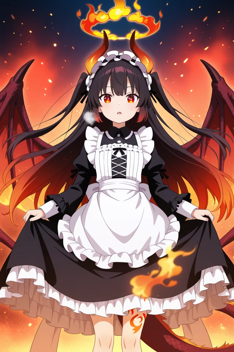 1girl,fantasy devil king black tiara black and red long layered frilled dress long sleeves,doyagao, standing, black hair, long hair, black horns, medium breasts, smile,