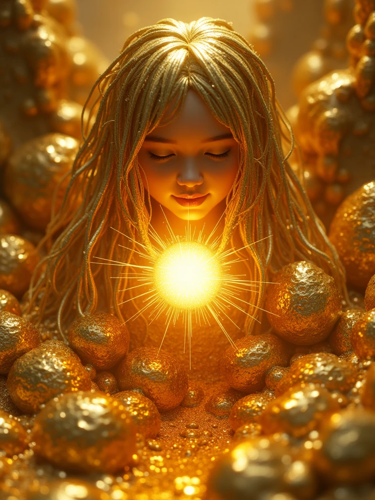 art photo, Photo of crying young woman plastered with gold dollar coins, Over Head Shot, Dazzling sunlight, Convoluted, Flashy, translucent, medium scene, Grotesque art style, extremely creative, Simple and mysterious, High quality, 8K