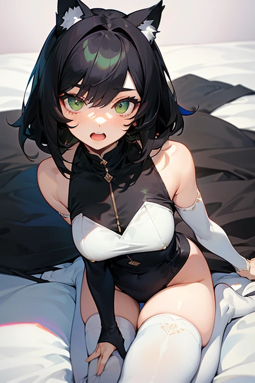 Cat girl, cat ears , cat eyes, Black Hair, short hair, Side braid, Brown eyes, alone, White gloves, smile,highest quality, masterpiece,big breast, see-through dress, visible nipples through dress, visible pussy, laying down in bed , close up