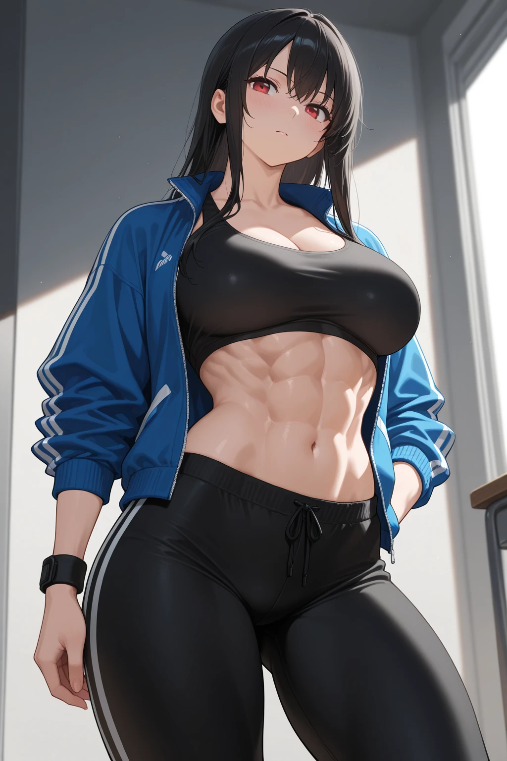 Masterpiece,best quality,high resolution,30 year old woman,blue hair,tied hair,beautiful face,yellow eyes,bright eyes,cat ears,perfect body,athletic body,milf,bodybuilder pose, small breasts, thick thighs,big ass,round buttocks,bodybuilder,jacket on top,bra, leggings,standing,expression of pleasure, inside the room