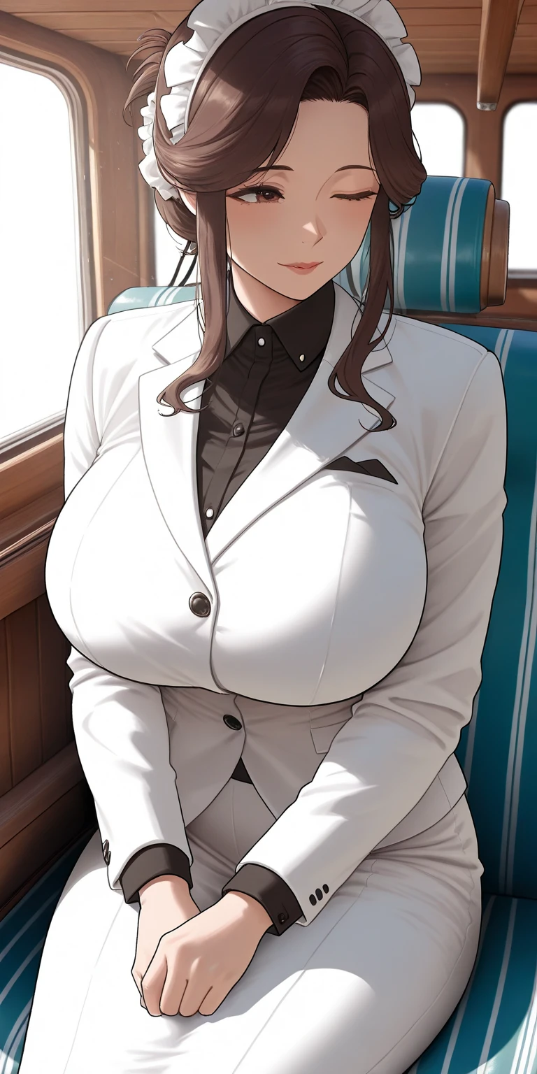 Anime girl with really big wearing a button up nurse coat but all the buttons are unbuttoned showing her really big and nipples