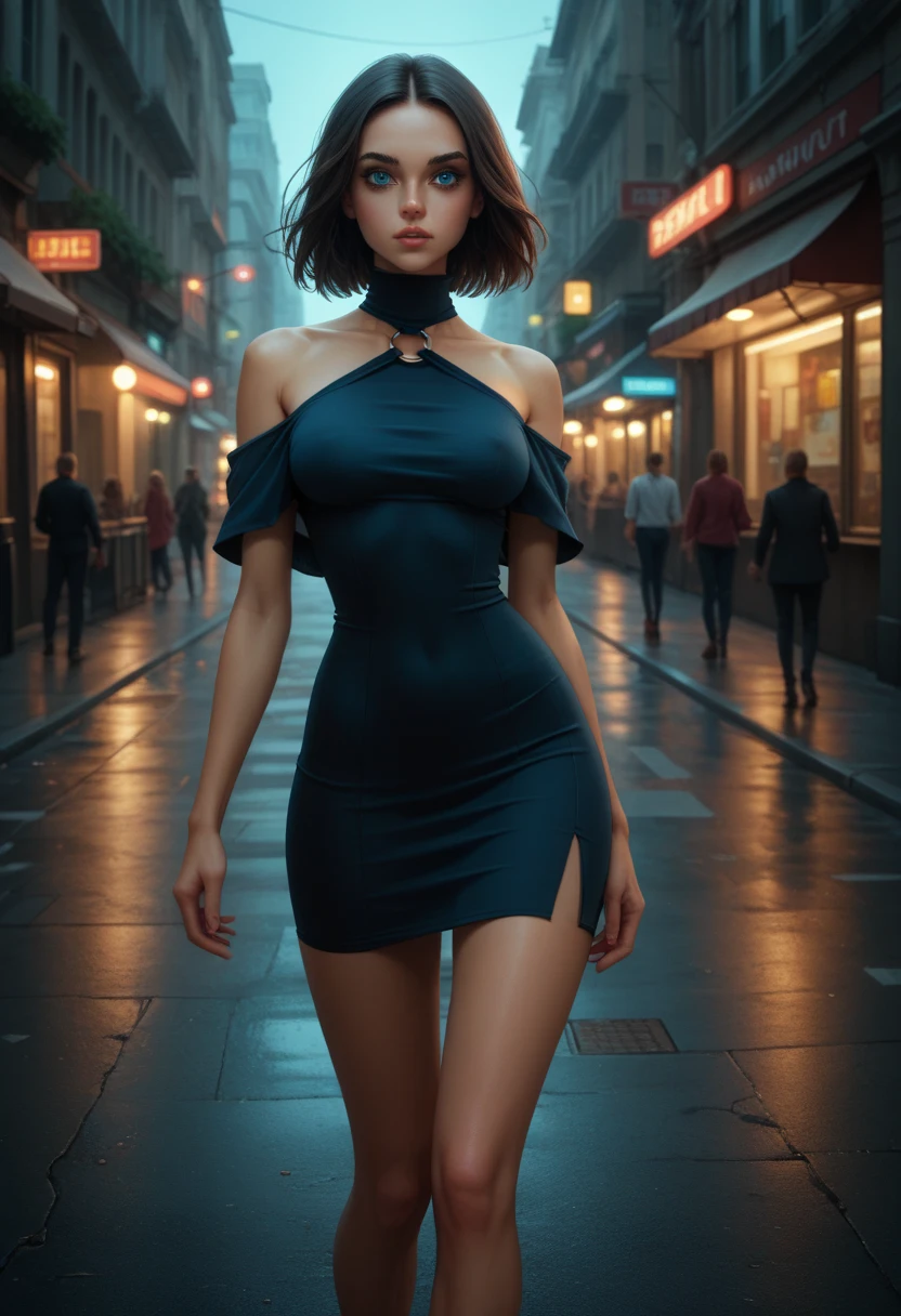mix4, (8k, foto RAW, melhor qualidade, obra-prima: 1.2), (realista, foto-realista: 1.37), 1girl, bonita, loira, adolescente, alta, loira, cabelos curtos, franja, abdome fino, cintura estreita, magra paisagem urbana, noite, chuva, molhado, profesional lighting, photon maping, radiosidade, physics based rendering, corpo inteiro, coxas grossas, caminhando, middlebreasts, usando vestido curto de latex branco, high-heeled shoes, sapatos pretos de salto alto, sapatos de couro preto brilhantes