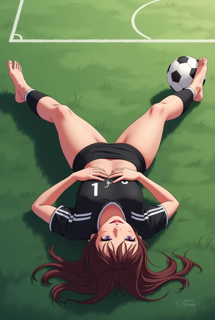 girl, tight soccer uniform, athletic sexy body, navel, lifted tshirt, laying on the grass, under tree, shadow, soccer ball, sports bag, bottle of water, soaked, exhausted, sweat, looking at viewer
