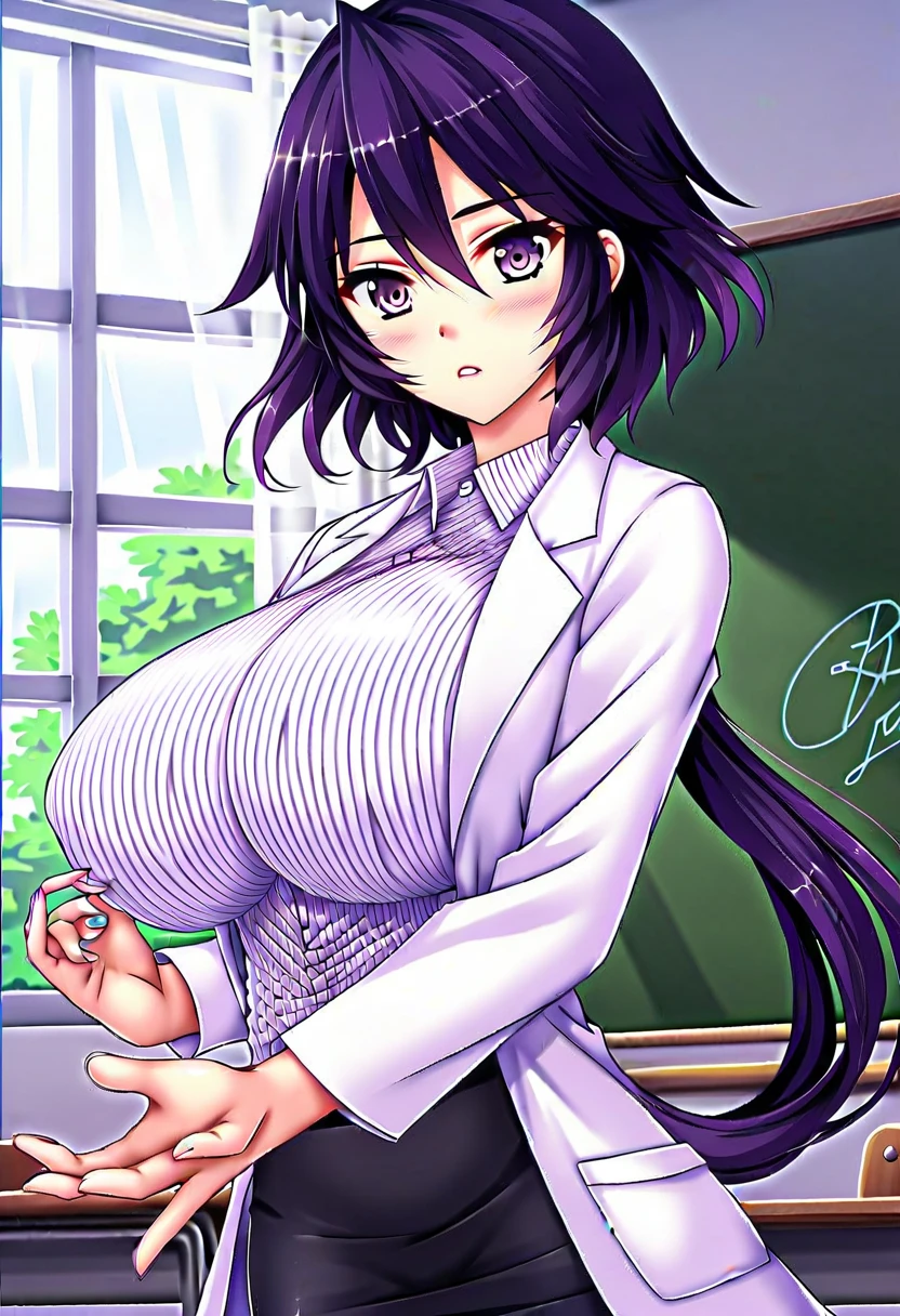 Akeno Himejima, 1girl, (((infant))), Cabello largo azul gris, purple eyes, pendientes, (((infant))), labios hinchados, labios pintados, labios gruesos, cara de sonrisa, caderas anchas, muslos gruesos, Enorme redondo, enormes pechos naturales Hitomi Tanaka, falda, Maestro de escuela, maestro, escote,