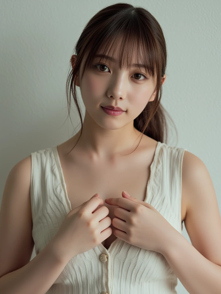 A masterpie、best qualiy, 1girls, (Skindentation), {{Large big tits!!}}, (jour), well lit, blured background, (street:0.6), (ten mens, crowd:1), (Braided bangs, Wavy hair:1.5), (see-through shirts:1.8), (camisole:1.8),gorgeou, (Floating hair:1.2), (dinamic pose:1.8), Soft lighting,